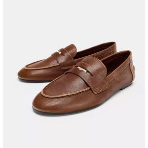 Zara Women Brown Penny Leather Loafers